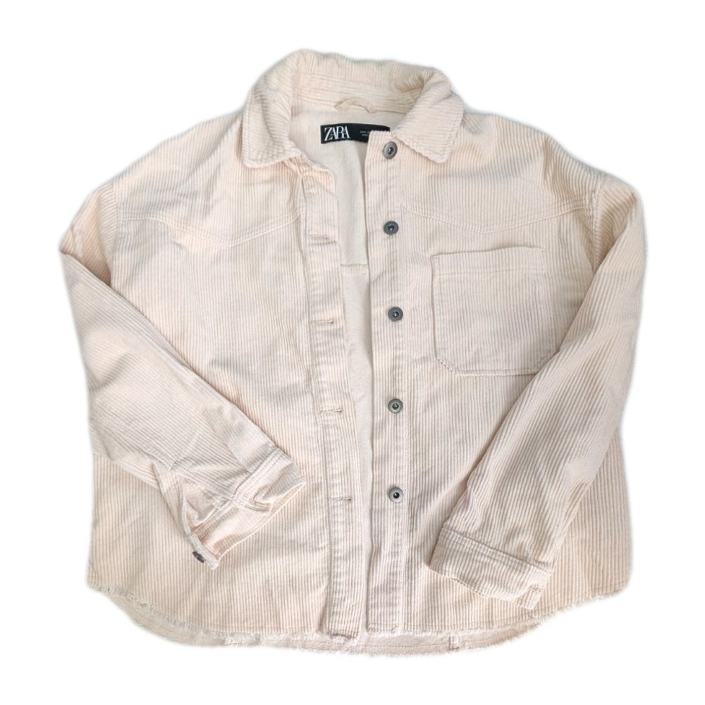 Corduroy Cropped Oversized Cotton Women Jacket Cream Fringed Hem Size S Zara